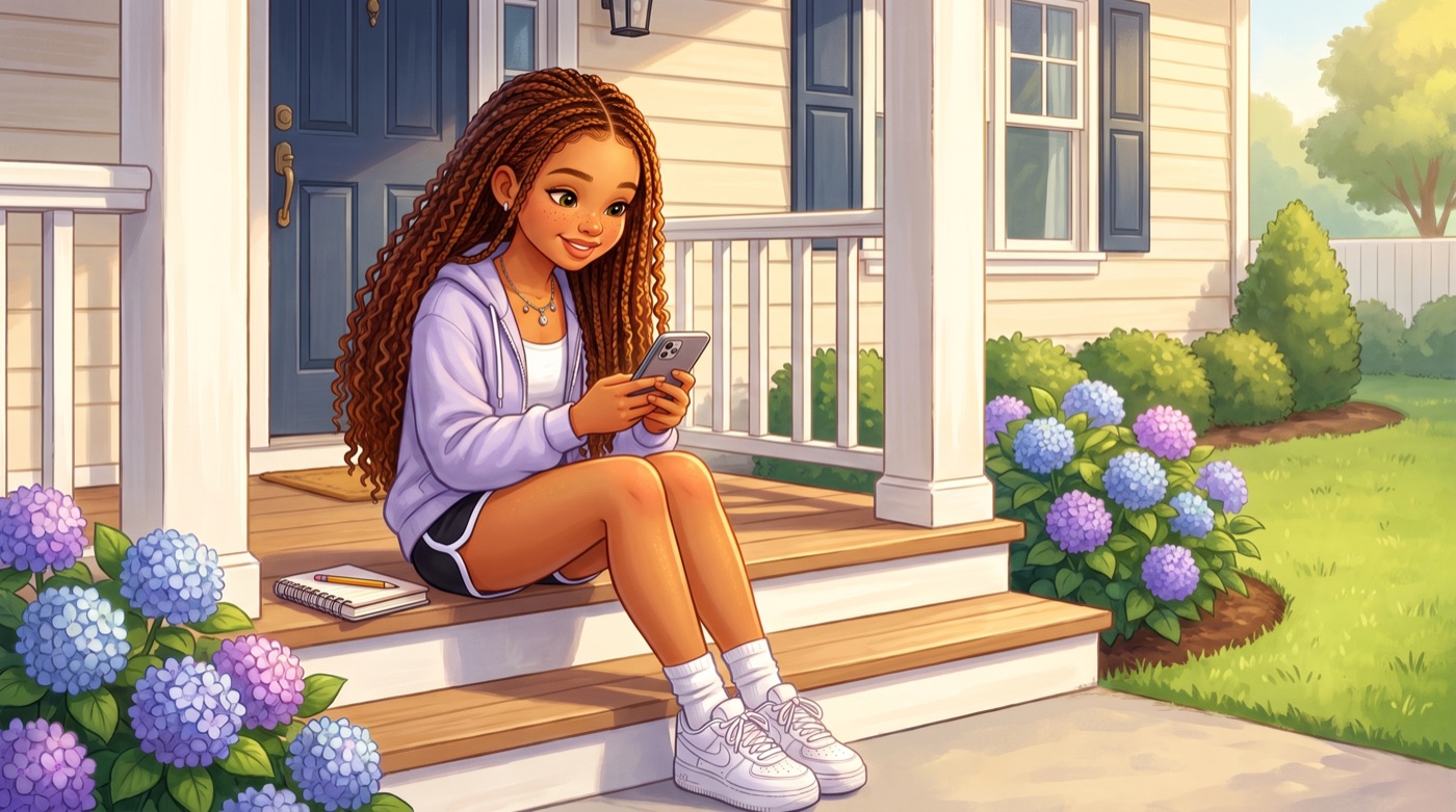 Illustration of Kamryn sitting on sunny front-porch steps, replying to a booking request on her phone with a notebook beside her