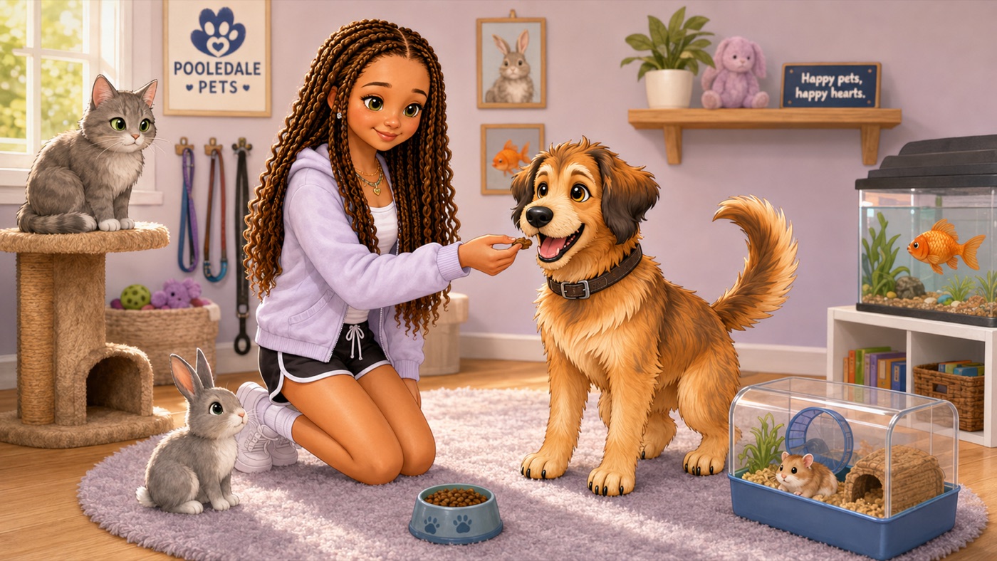Illustration of Kamryn giving Cody a treat in a cozy pet room while a cat, a rabbit, a hamster, and a goldfish look on